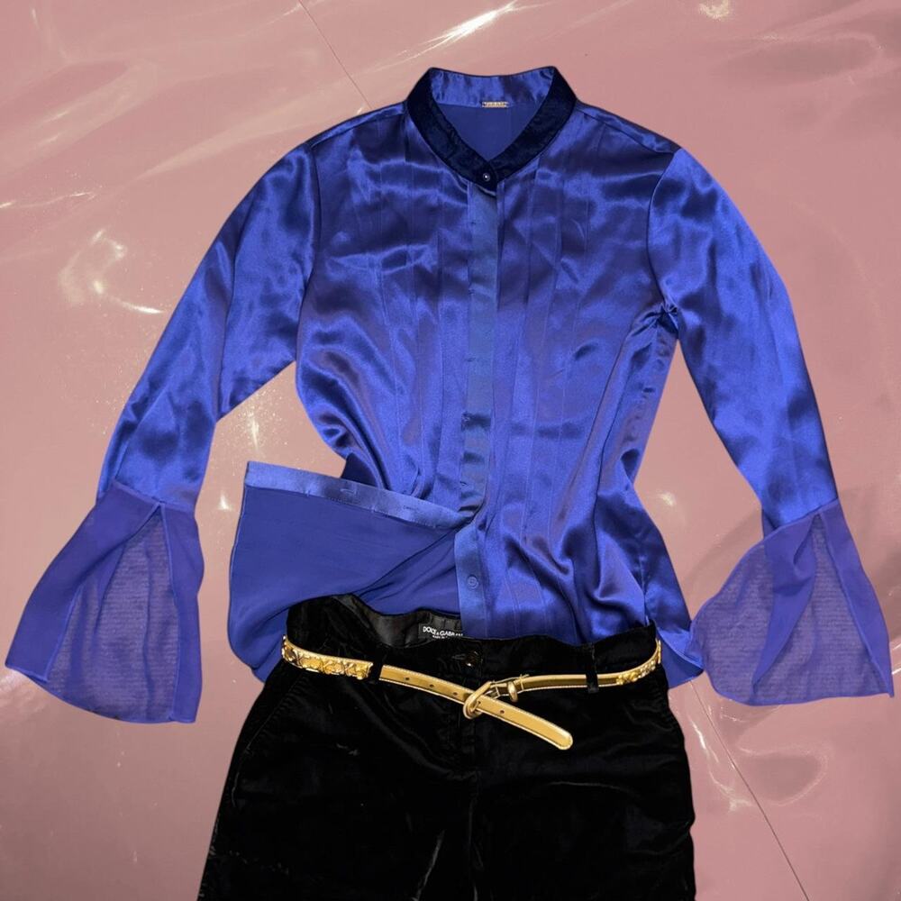 Y2K Silk cobalt blue blouse sheer cuff detail whimsy goth office siren